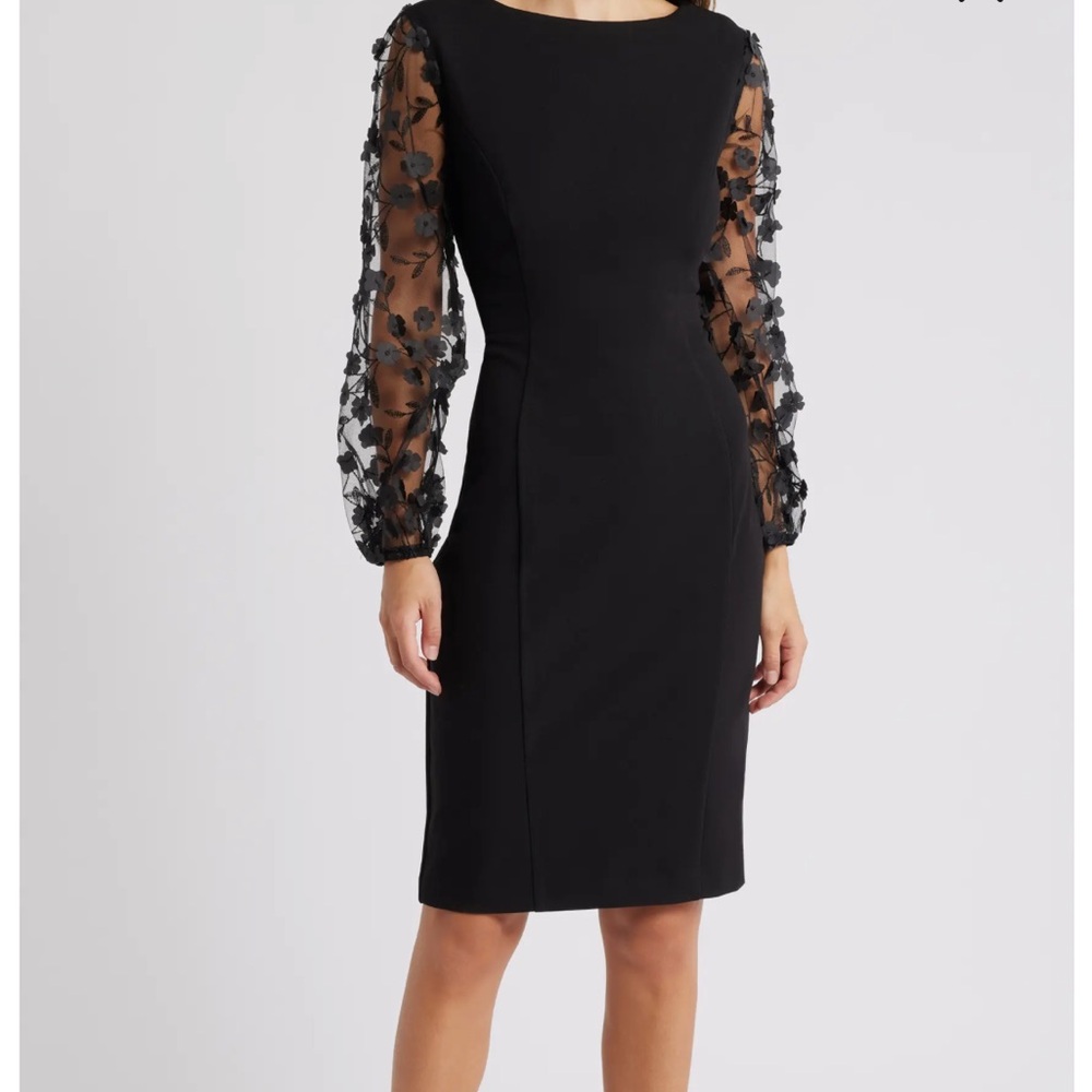 Connected Apparel Black Dress with Sheer Floral Sleeves
